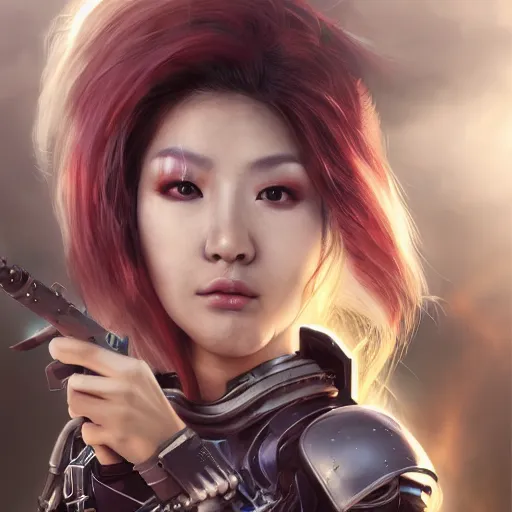 Prompt: An epic fantastic realism comic book style portrait painting of a female cyber warrior, tzuyu from twice, dieselpunk armor, long fluffy hair, porcelain pale skin, cyberpunk color raining tokyo everywhere, Concept world Art, unreal 5, DAZ, hyperrealistic, octane render, cosplay, RPG portrait, dynamic lighting