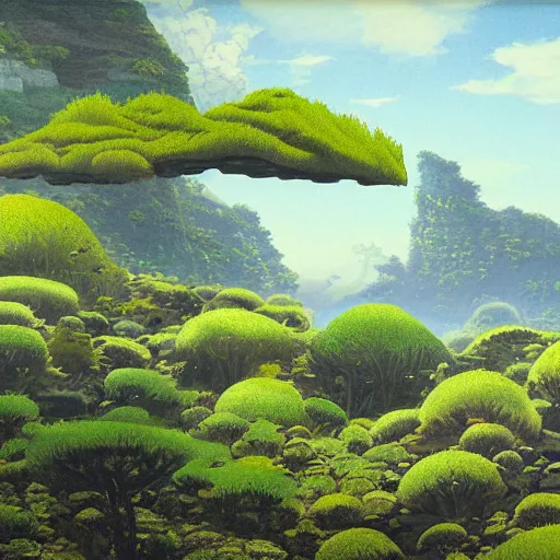 Prompt: detailed painting of a lush natural scene on an alien planet by tojiro oshita. beautiful landscape. weird vegetation. cliffs and water.
