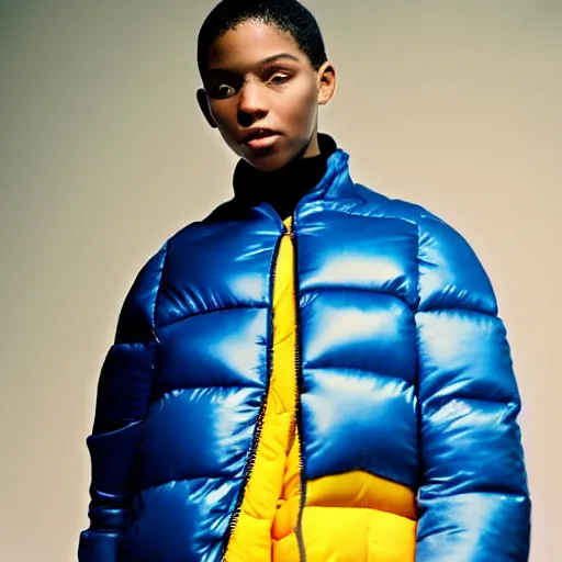 Image similar to realistic! photoshoot for a new balenciaga lookbook, color film photography, portrait of a beautiful woman wearing a puffer jacket, photo in style of tyler mitchell, 35mm