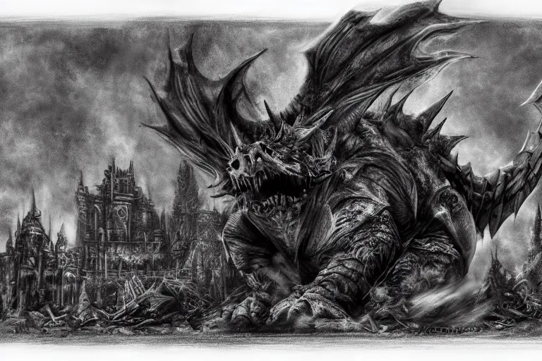 Image similar to pencil sketch of bowser with huge horns and scales and talons in a ruined kingdom, resident evil, horror, occult, terror, mist, volumetric render, detailed