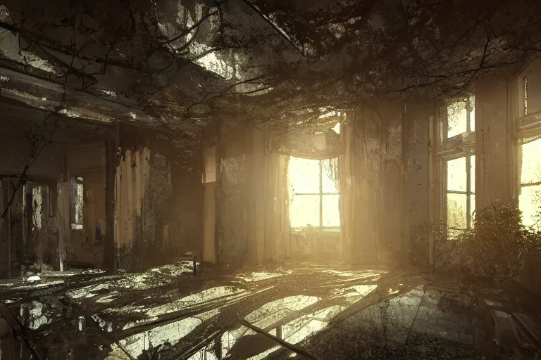 Prompt: the interior of an old abandoned cyberpunk house an old oak tree grows inside the house golden rays of sunlight enter through the window digital art trending artstation