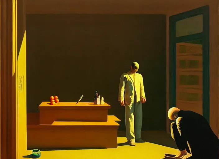 Image similar to a beauty man with a knife in his hand stands in a drugstore and buys a black inflatable balloon, highly detailed, soft lighting, elegant, by edward hopper and james gilleard, zdzislaw beksinski, steven outram, highly detailed