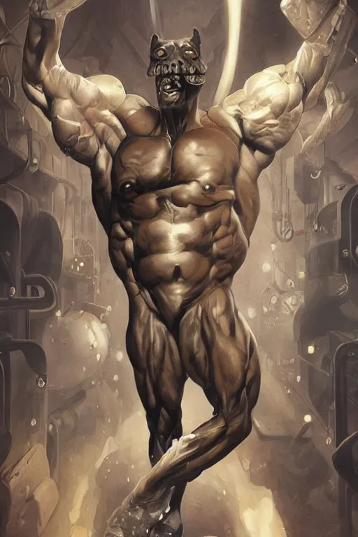 Image similar to splash art of a monstrously buff and muscular anthropomorphic horse at a research facility donned in a power - restricting bodysuit, highly detailed, digital painting, trending on artstation, concept art, sharp smooth focus, illustration, art by artgerm and greg rutkowski and alphonse mucha