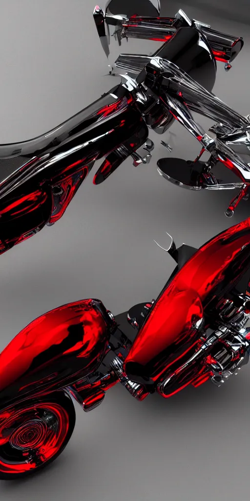 Prompt: cinematic shot of a futuristic black and red chopper, wide lens, unreal engine,highly detailed, chrome, metallic reflections
