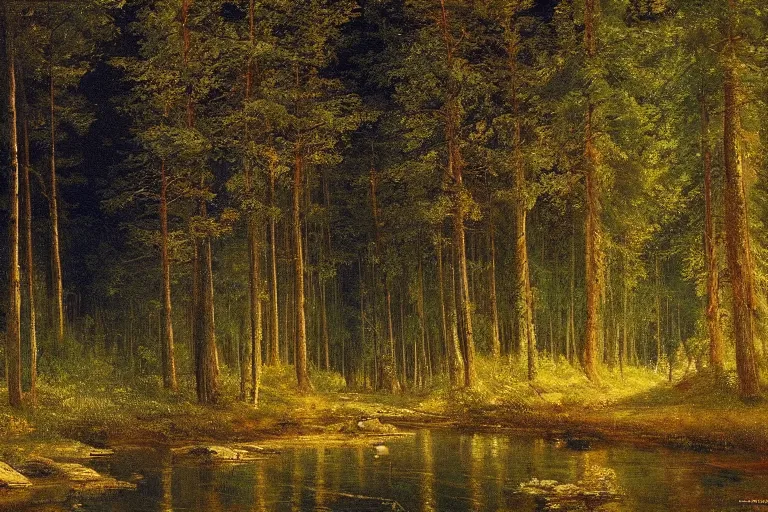 Image similar to A beautiful painting of The edge of the Russian forest in summer at night by Ivan Shishkin, Trending on artstation.