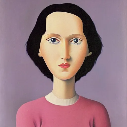 Prompt: very detailed portrait of angela anaconda. painted by rene magritte, 1 9 2 7. oil on canvas.