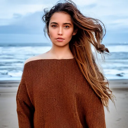 Image similar to real life photo of a beautiful girl, full body photoshoot, long brown hair, brown eyes, full round face, short smile, belly free, brown sweater, beach setting, cinematic lightning, medium shot, mid - shot, highly detailed, trending on artstation, unreal engine 4 k, 8 0 mm, 8 5 mm, cinematic wallpaper