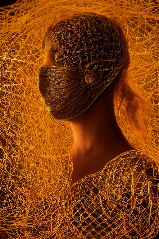 Image similar to wide angle portrait of a woman wearing a mask over her mouth made out of golden intricate wire, weaving the strings of the multiverse, dramatic, moody, backlight, photoreal, intricate complexity, manga styling, octane render