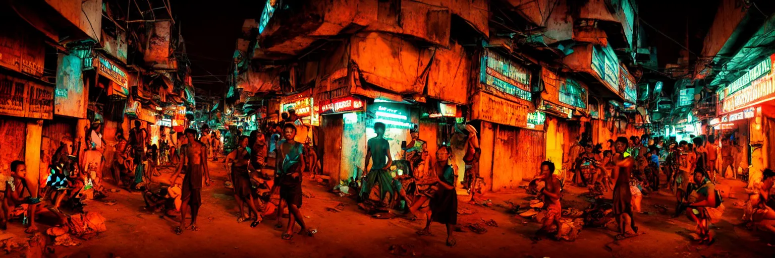 Image similar to Cyberpunk Slums Mafia gangs , futuristic Phnom-Penh Cambodia, neon dark lighting