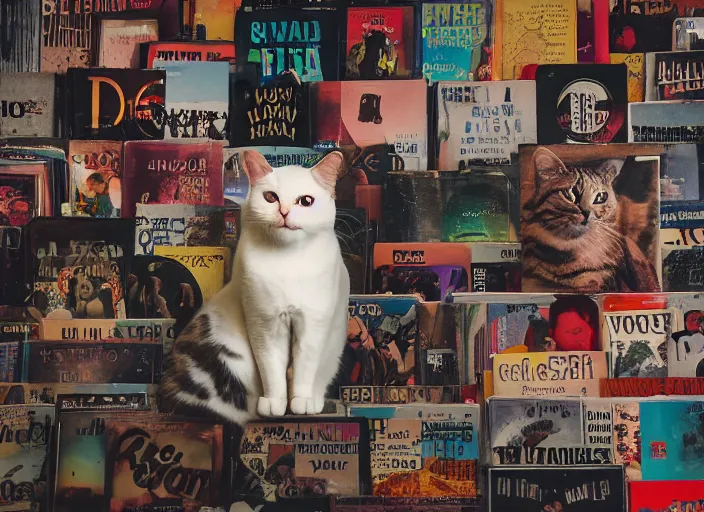 Image similar to photography of a Cat sitting on a pile of books and vinyls. a record player is in the shot. in a room full of vinyls and posters out of the 70's, photorealistic, raining award winning photo, 100mm, sharp, high res