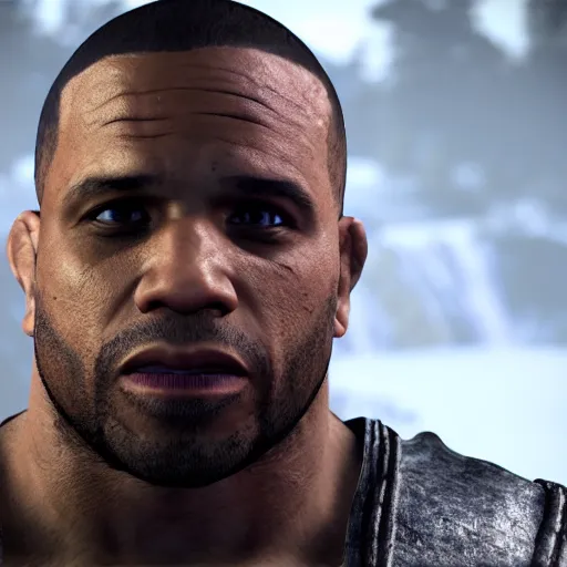 Image similar to character screenshot of ufc commentator daniel cormier dc in skyrim, npc talking, wilderness, 1 0 8 0 p, bokeh, elder scrolls v, detailed, dialog text