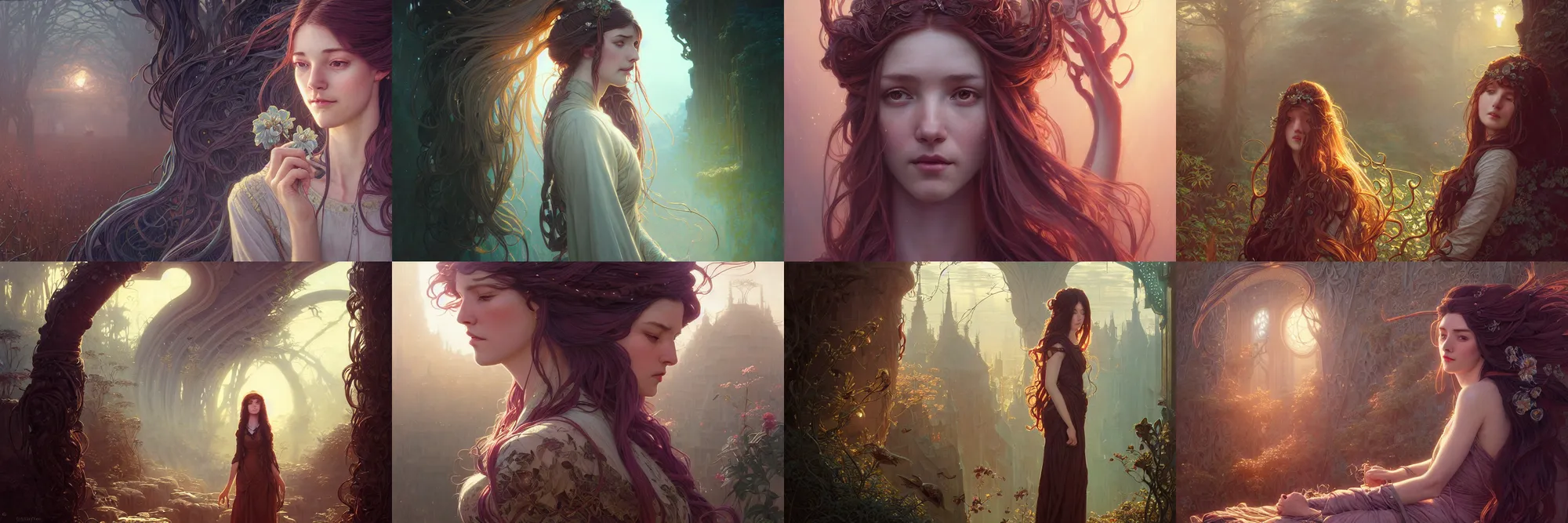 Image similar to highly detailed portrait of a woman with long hairs, stephen bliss, unreal engine, fantasy art by greg rutkowski, art nouveau, loish, rhads, ferdinand knab, makoto shinkai and lois van baarle, ilya kuvshinov, rossdraws, tom bagshaw, alphonse mucha, global illumination, radiant light, detailed and intricate environment