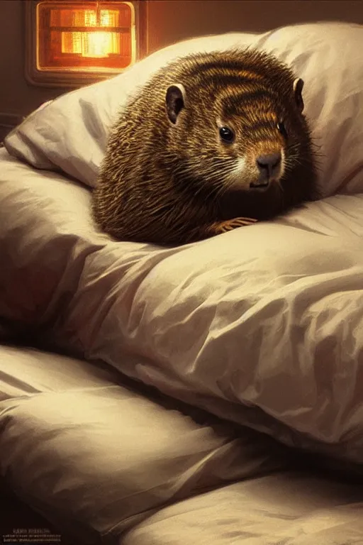 Image similar to drug addicted groundhog lies on the bed, realistic portrait, highly detailed, digital painting, artstation, concept art, smooth, sharp focus, illustration, cinematic lighting, art by artgerm and greg rutkowski and alphonse mucha