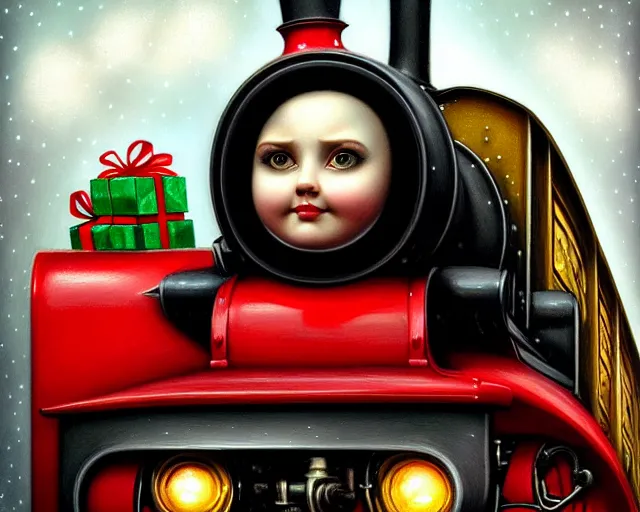 Image similar to closeup profile portrait of victorian steam trains, nicoletta ceccoli, mark ryden, lostfish, max fleischer, hyper realistic, artstation, illustration, digital paint, matte paint, vivid colors, bright, cheerful, detailed and intricate christmas environment