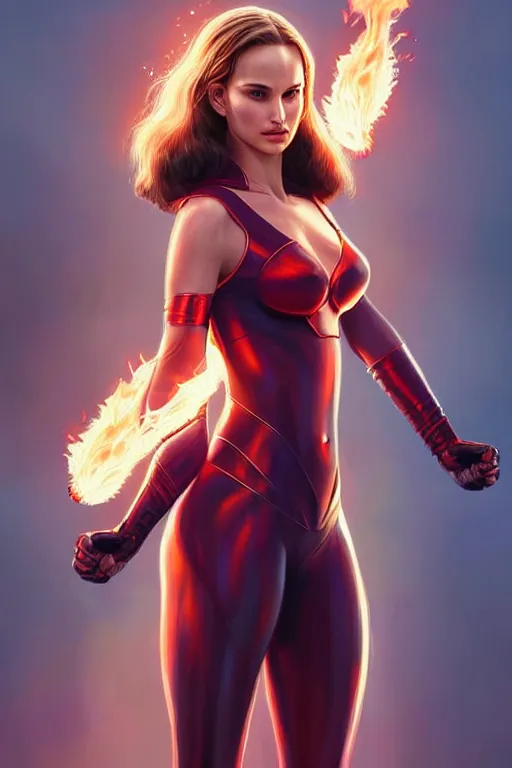 Image similar to hyper - realistic, gorgeous!!! woman resembling natalie portman as a superhero with fire powers | intricate, highly detailed, digital painting, artstaion, smooth, sharp focus, character desgin, concept art, illustration | art by artgerm & jeehyung lee & wlop