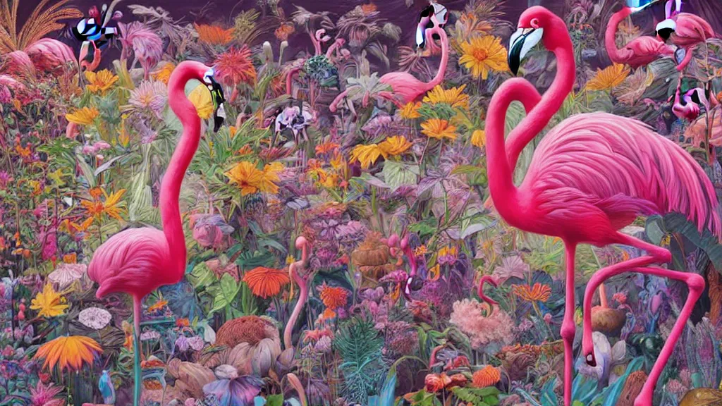 Prompt: highly detailed oil painting of neon flamingo surrounded by all the known species of flowers by olaf hayek, by moebius, by oliver vernon, by joseph moncada, by damon soule, by manabu ikeda, by kyle hotz, by dan mumford, by kilian eng