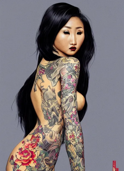 Prompt: portrait of Brenda Song as a elegant yakuza tattooed, defiant look attitude, cinematic lighting shadowing the KIMONO , ultra-detailed, sharp focus, highly detailed, sharp focus, golden background with flowers, photorealism, style of Hajime Sorayama, art by Hirothropologie , artgerm and Patrick DeMarchelier