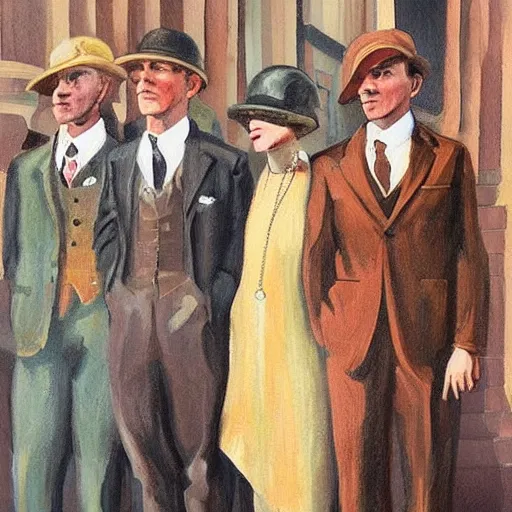 Prompt: a painting in the style of Cassius Marcellus Coolidge, 1920s london, everyone is wearing suits, dog people, everybody has a dog head, bustling city, old cars, english architecture, light-hearted style, oil painting, marleybone, aesthetic, brown-ish color pallete