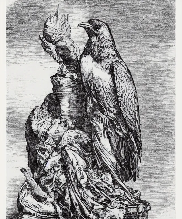 Image similar to raven sitting on a female marble bust on a white background, art by james o barr and albrecht durer and piranesi, woodblock print, engraved, black and white, vector, vector art