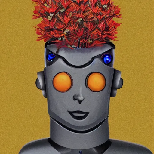 Image similar to a portrait of a robot, having a plant on his head, style of dang my linh