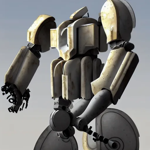 Image similar to gigantic colossal Greek hoplite mech made of marble stone and alabaster stone, kintsugi repaired. Giant medieval warrior mecha. low angle shot, mech concept HD 8k render art.