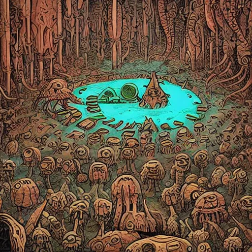 Image similar to extraterrestrial tribe village on ancient post - apocalyptic planet, jim henson creature shop, fantastic planet, robert crumb, graphic, depth of color and shadow, gooey, textured, vivid, cinematic, rough paper, illustration