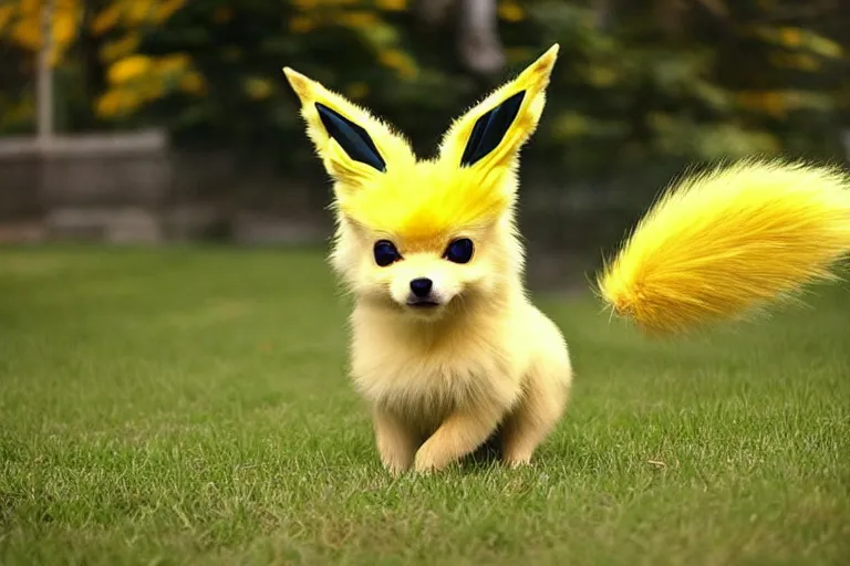 Prompt: real life jolteon pokemon, cute!!!, heroic!!!, adorable!!!, playful!!!, fluffly!!!, happy!!!, cheeky!!!, mischievous!!!, ultra realistic!!!, autumn, clear weather, ( golden hour ), sharp focus
