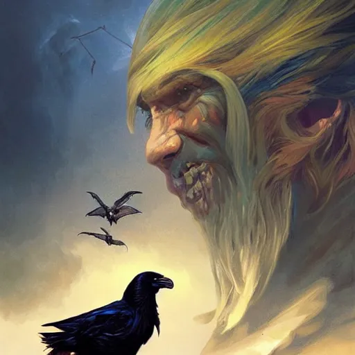 Image similar to jim carrey controlling evil ravens, demonic, evil, satanic, intricate, highly detailed, digital painting, artstation, concept art, smooth, sharp focus, illustration, unreal engine 5, 8 k, art by artgerm and greg rutkowski and alphonse mucha