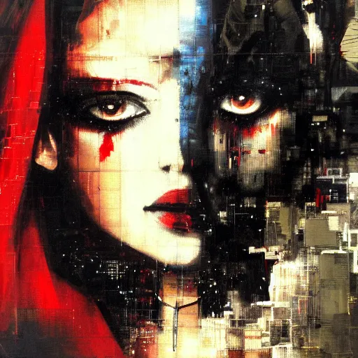 Image similar to portrait of a daydreaming melancholic latina woman in a red hood monk custome being progressively rasterized into pixels, surrounded by digital birds and a giant loving mecha robot, oil on canvas by yoji shinkawa, esao andrews and dave mckean