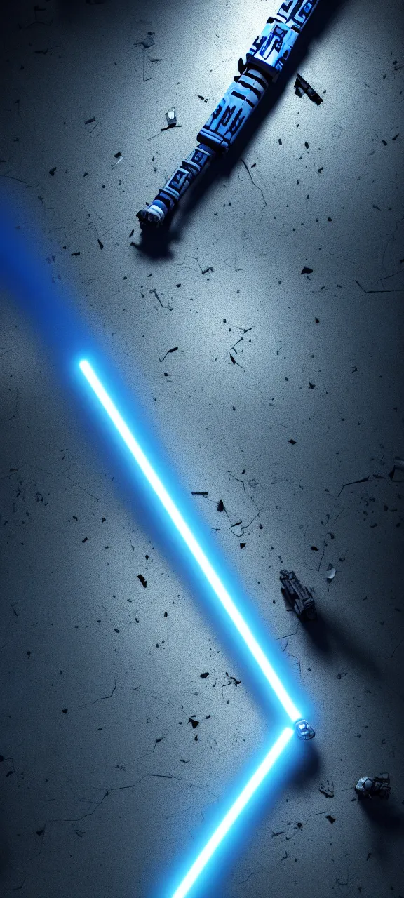 Image similar to detailed cinematic render, of a blue cyberpunk lightsaber lying vertically on a detailed abandoned shrine floor, in a dark room, photo from above, octane render 8 k, digital art, lightsaber wallpaper 4 k, ray tracing, jedi fallen order lightsaber wallpaper 4 k, cal kestis lightsaber wallpaper