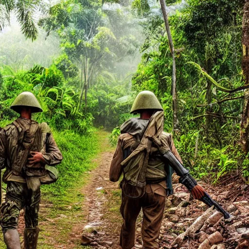 Prompt: two arvn soldiers walking a trail in the jungle on a patrol, vietnam war, jungle, realistic, detailed, 4 k, hdr