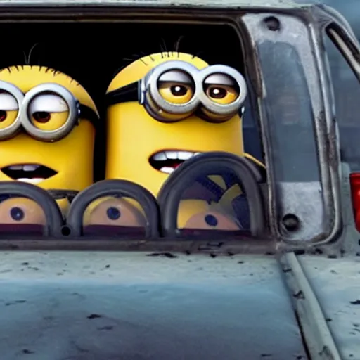 Prompt: a still of minions driving cars in mad max movie, highly detailed cinematography, cinematic, marvel cinematic