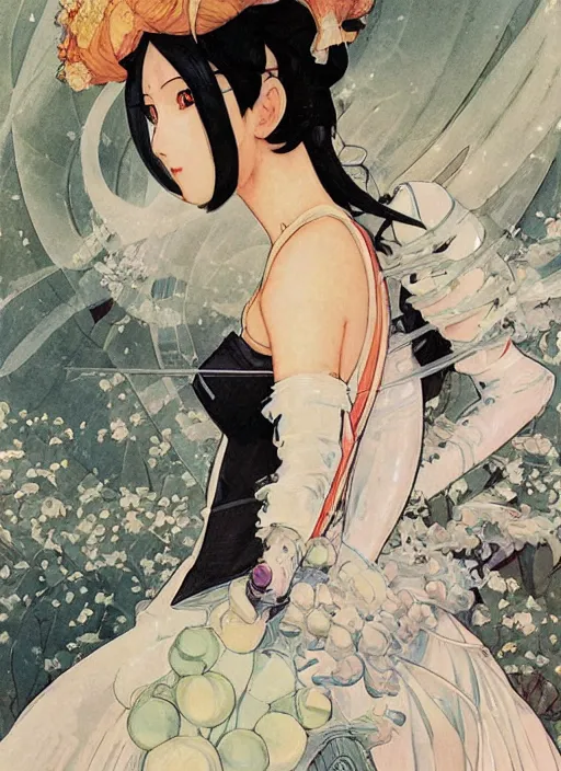 Image similar to a copic maker art nouveau portrait of an anime girl detailed features wearing a puffy futuristic weeding dress designed by balenciaga by john berkey, norman rockwell akihiko yoshida