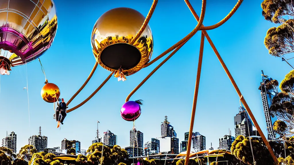 Image similar to large colorful futuristic space age metallic steampunk balloons with pipework and electrical wiring around the outside, and people on rope swings underneath, flying high over the beautiful melbourne in australia city landscape, professional photography, 8 0 mm telephoto lens, realistic, detailed, photorealistic, photojournalism