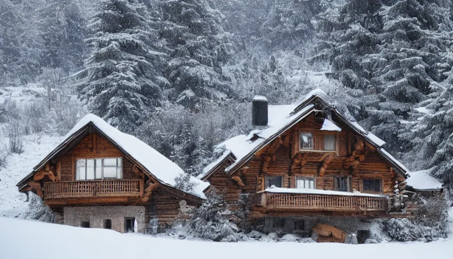 Prompt: old couple in rocking chairs living in old wooden chalet built in snowy mountains, snowing, trees, hyperdetailed, artstation, cgsociety, 8 k