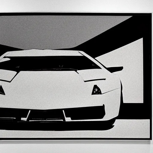 Image similar to a portrait of a Lamborghini, made by Andy Warhol, two tone, very high contrast, only black and white, simplistic, extremely high contrast, two tone, notan art, by Andy Warhol, minimalistic,