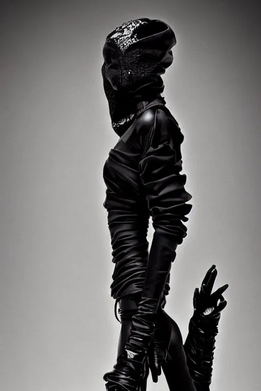 Image similar to beautiful androgynous high fashion avant garde techwear look and clothes, we can see them from feet to head, highly detailed and intricate, luxury, cinematic, rick owens, yohji yamamoto, y 3, outfit photo, hot on r / streetwear, trending on artstation,