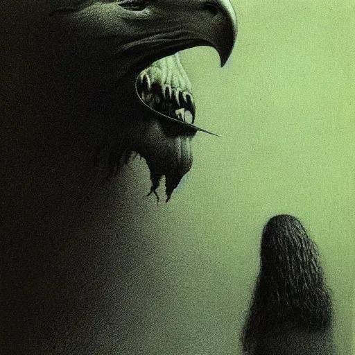 Image similar to the man with the beak of an eagle, the mane of a lion, the horns of a bull. drawn by zdzislaw beksinski