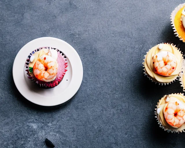 Image similar to dslr food photograph of a cupcake with a shrimp on top, 8 5 mm f 1. 4