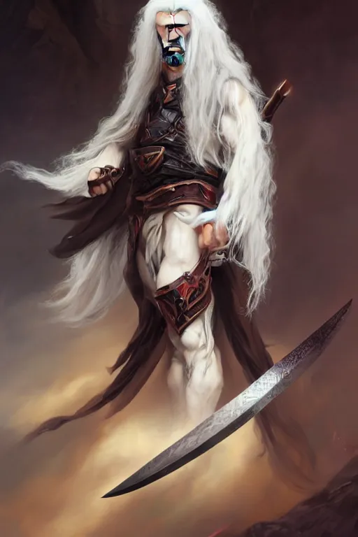 Prompt: fantasy painting of a long-haired albino man with a black blade, painted by Bayard Wu, ultra detailed, 8k