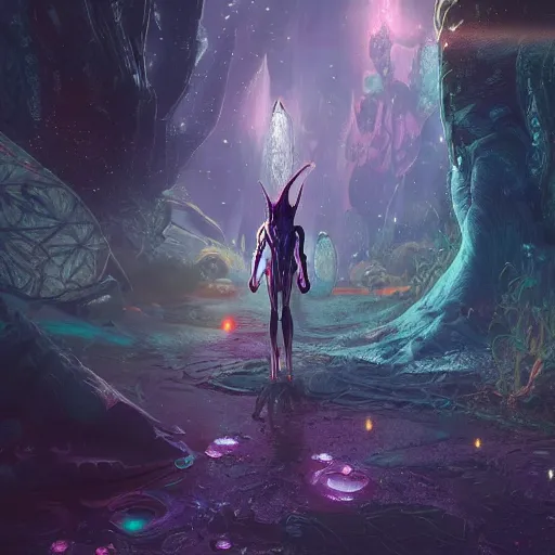 Image similar to ultra realistic illustration of android fairy, alien homeworld, swamps, advanced technology, warframe, special effects, colorful lights, space ship in the distance, intricate, highly detailed, digital painting, artstation, concept art, smooth, sharp focus, illustration, art by artgerm and tim mcburnie and anato finnstark