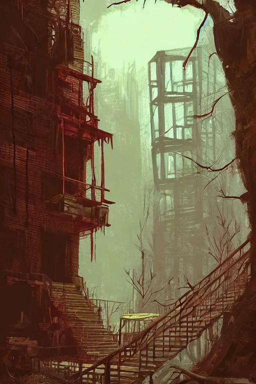 Prompt: (((((a ramshackle Manhattan brick brownstone deep in the forest))))) by Tim McBurnie!!!!!!!!!!!!!!!!!!!!!!!!!!!