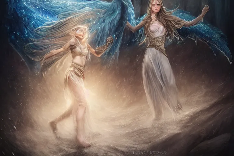 Image similar to Majestic beautiful young female ice goddess!! running from being corrupted by fire, intricate, epic, elegant, menacing, fantasy, highly detailed, digital painting, hard focus, beautiful volumetric lighting, epic light, ultra detailed, souls, smoke, icicle, frozen by Leesha Hannigan, Ross Tran, Thierry Doizon, Kai Carpenter, Ignacio Fernández Ríos