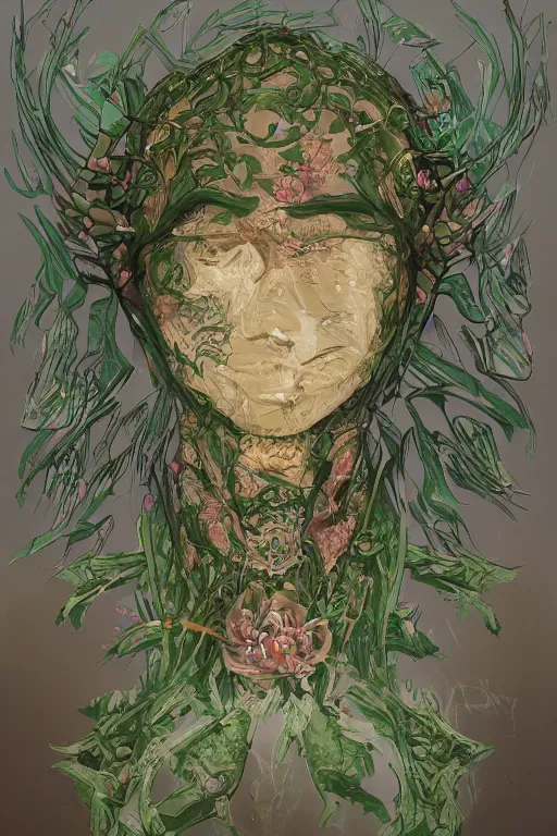 Prompt: portrait of beautiful young mainem, warhammer, japaneese style, cyber armor, a lot of more scars, more and more flowers, green head, the middle ages, highly detailed, artstation, illustration, art by rene magritte, 8 k quality