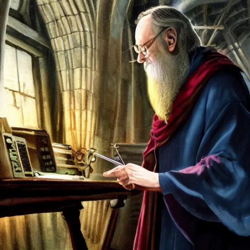 Image similar to Albus Dumbledore fixing the Hogwarts supercomputer, oil painting 4k