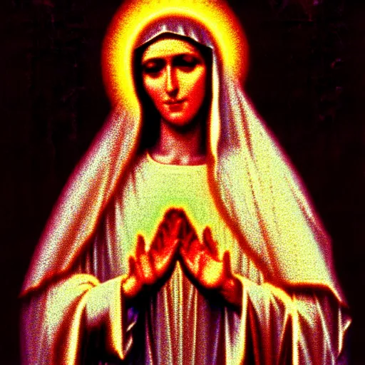 Prompt: vhs static overlay of virgin mary, vhs, 1 9 9 0, highly realistic, highly detailed