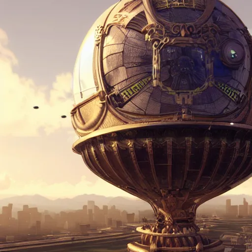 Image similar to enormous flying city in a faberge egg, clear skies, steampunk, fantasy art, masterpiece, unreal engine