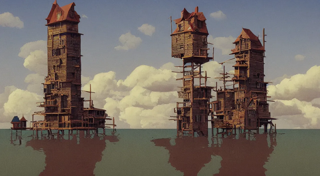 Image similar to single flooded simple wooden tower, very coherent and colorful high contrast!! masterpiece by rene magritte simon stalenhag carl spitzweg syd mead norman rockwell edward hopper james gilleard, minimalist, dark shadows, sunny day, hard lighting