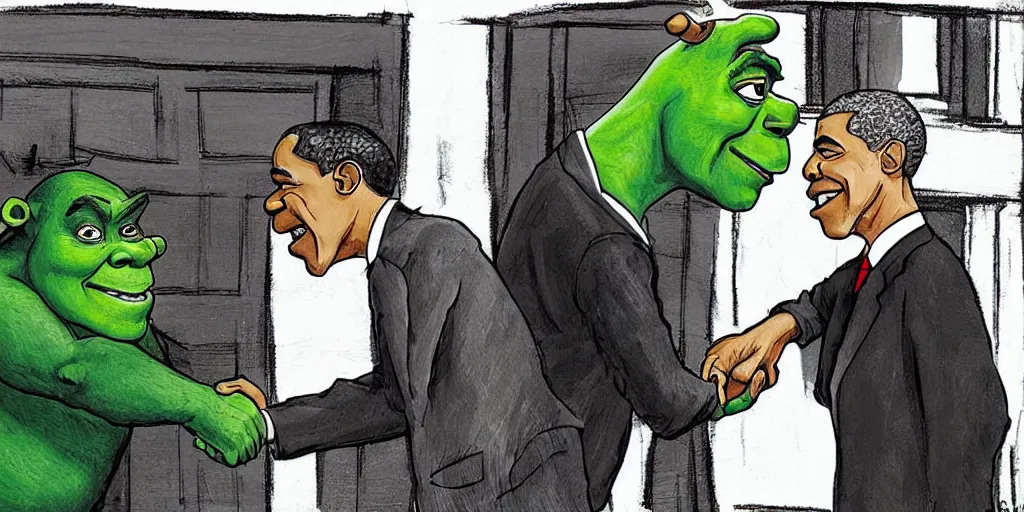 Image similar to An artists impression of a handshake between barrack obama and shrek outside the white house