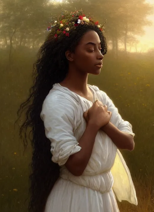 Image similar to oil painting close up portrait of a contemplative young black woman with long dark flowing hair in a white dress, wearing a crown of wildflowers!! at sunset, hazy, digital art, chiaroscuro, artstation, cinematic, golden hour, digital art painting by greg rutkowski, william - adolphe bouguereau, hazy atmosphere, cinematic lighting